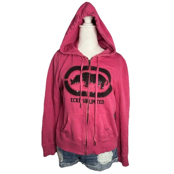 Ecko Unlimited Thick Red and Black Logo Sequins Zip Up Hoodie Size L Y2K VTG - Picture 1 of 8